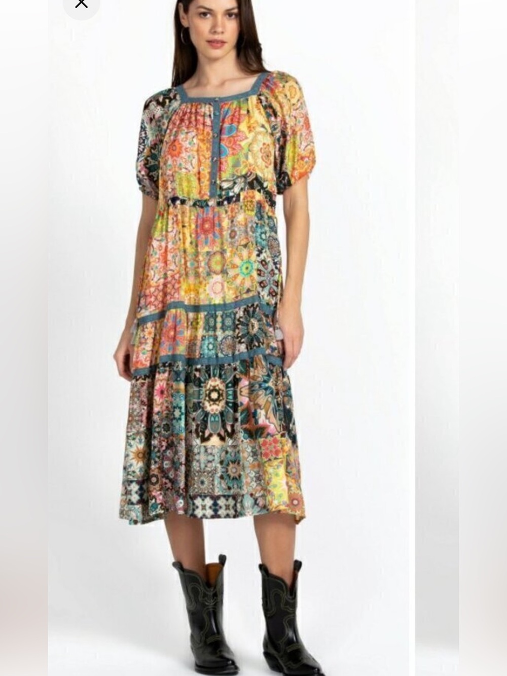 Johnny Was Kaleida Zenovia 100% Silk Kaleidoscope print midi Dress Size Medium